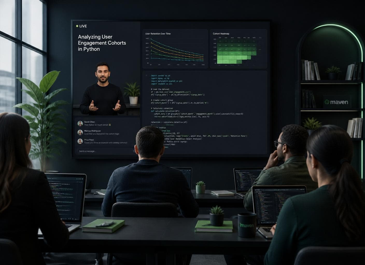 Grupo en vivo con instructor y estudiantes