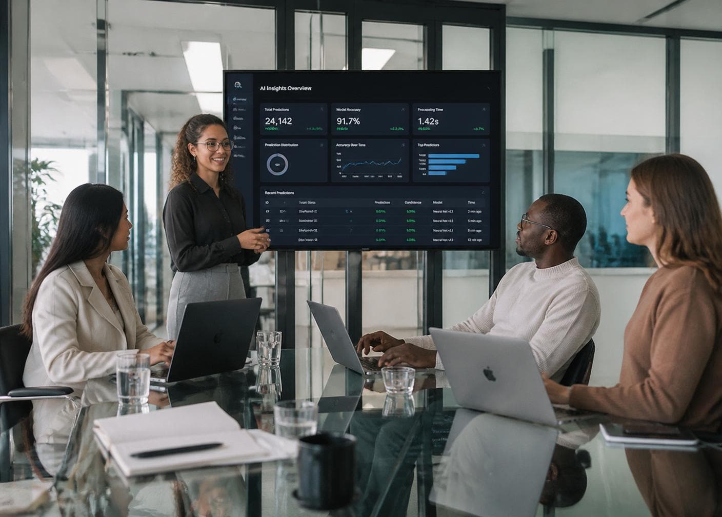 Equipo corporativo en sesión de trabajo con IA